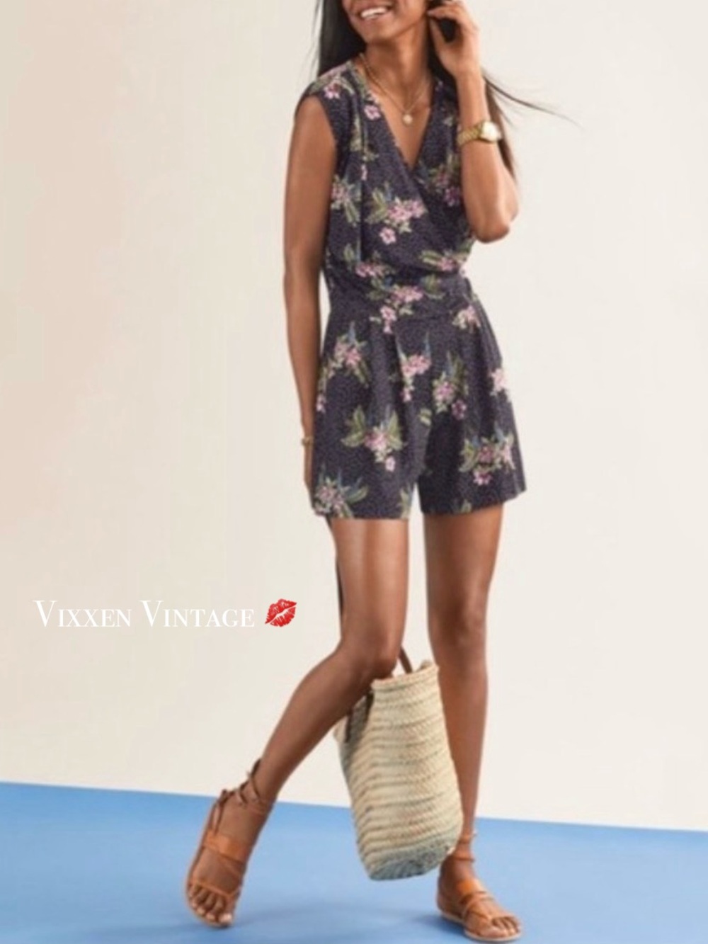 CABI SLEEVELESS WRAP FRONT POLKA DOT FLORAL ‘RUNAROUND ROMPER’ IN BLACK/MULTI
